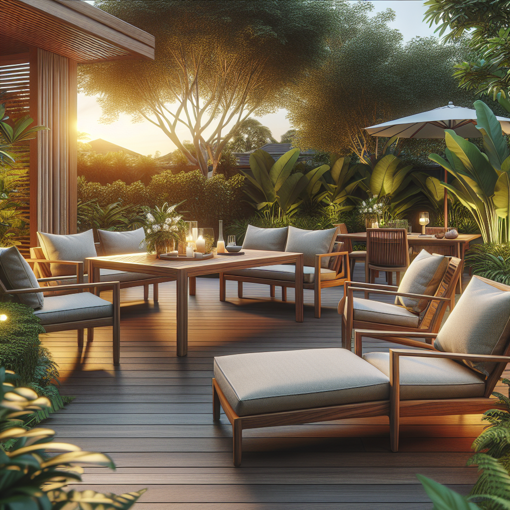 Teak patio furniture with cushions in a lush garden setting