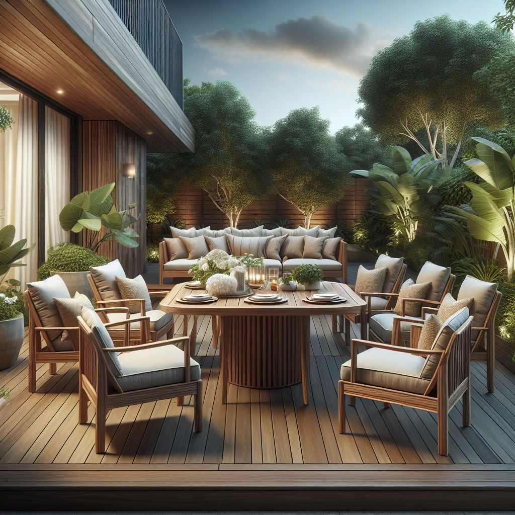 Outdoor patio with teak wood dining furniture and greenery