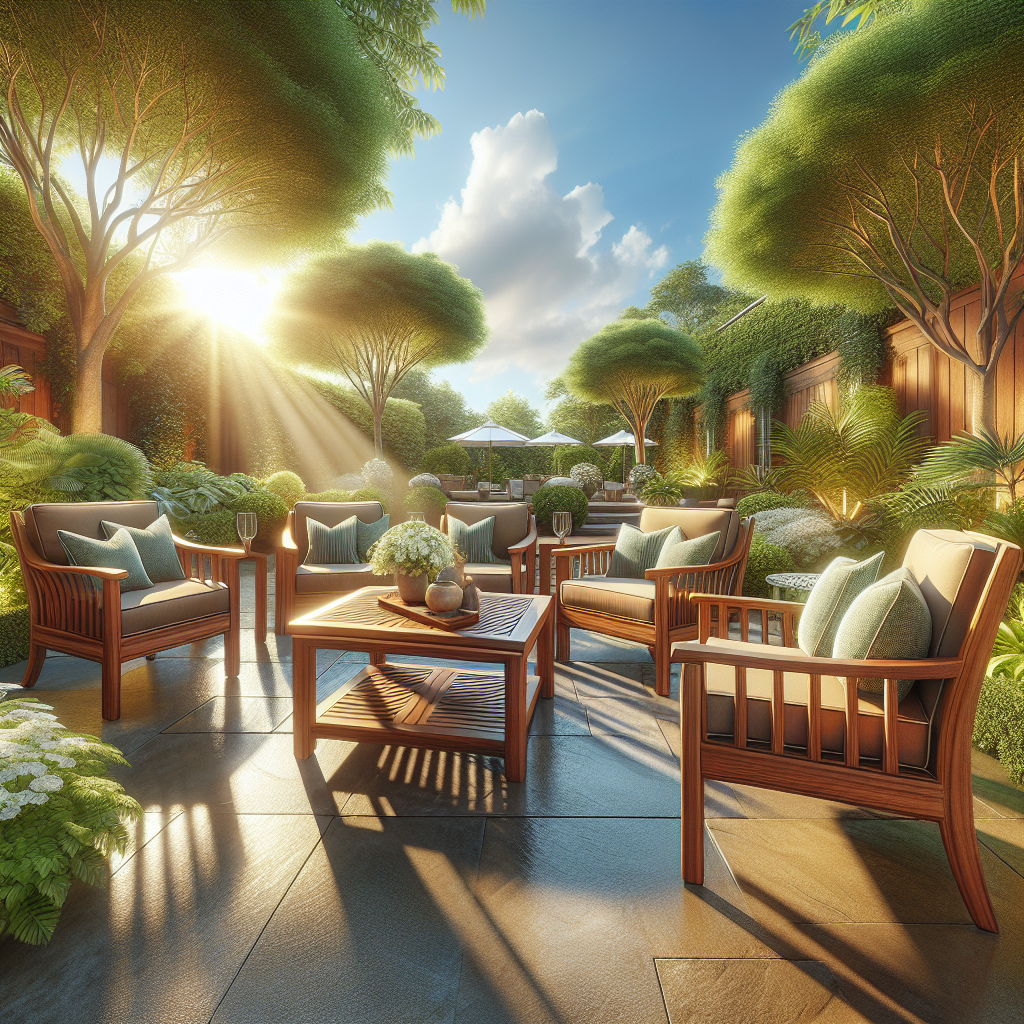 Teak wood outdoor furniture set with cushions in garden