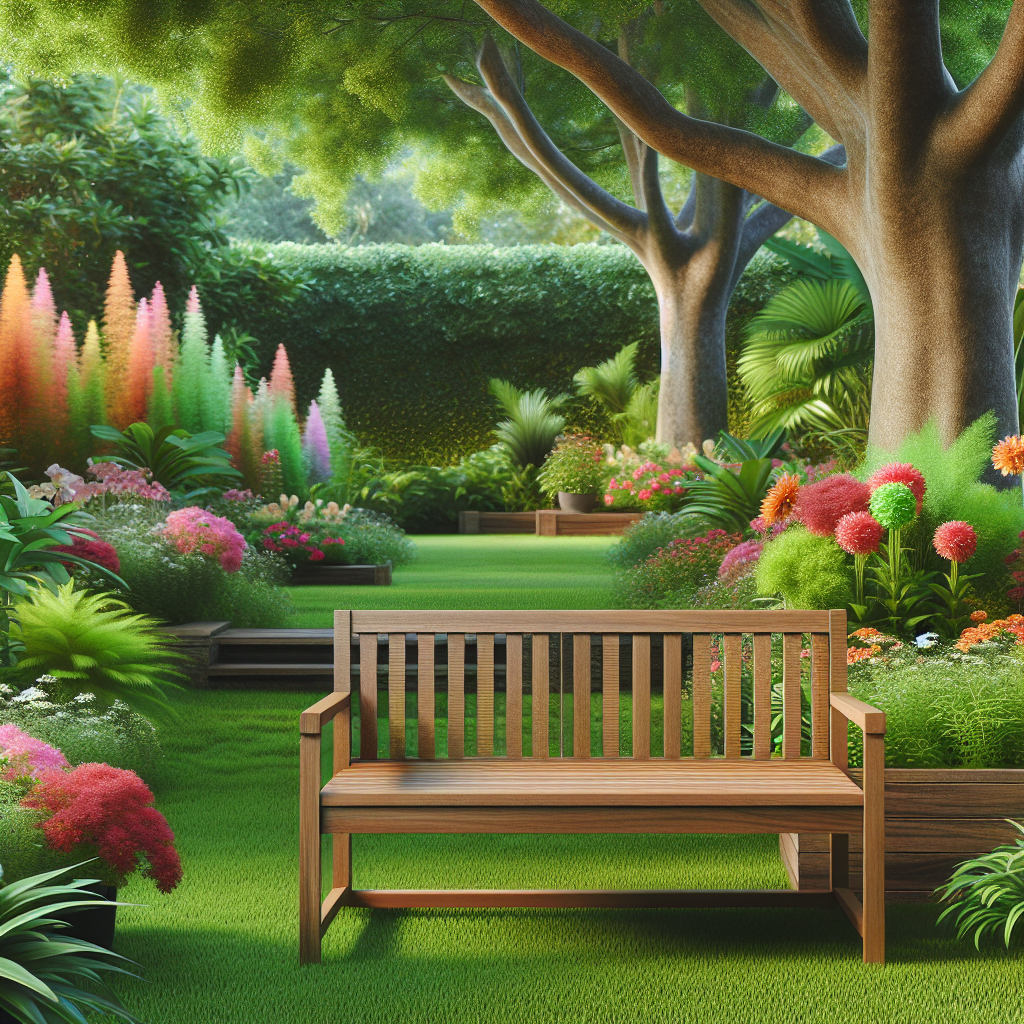 Teak Garden Bench Surrounded by Flowers and Trees