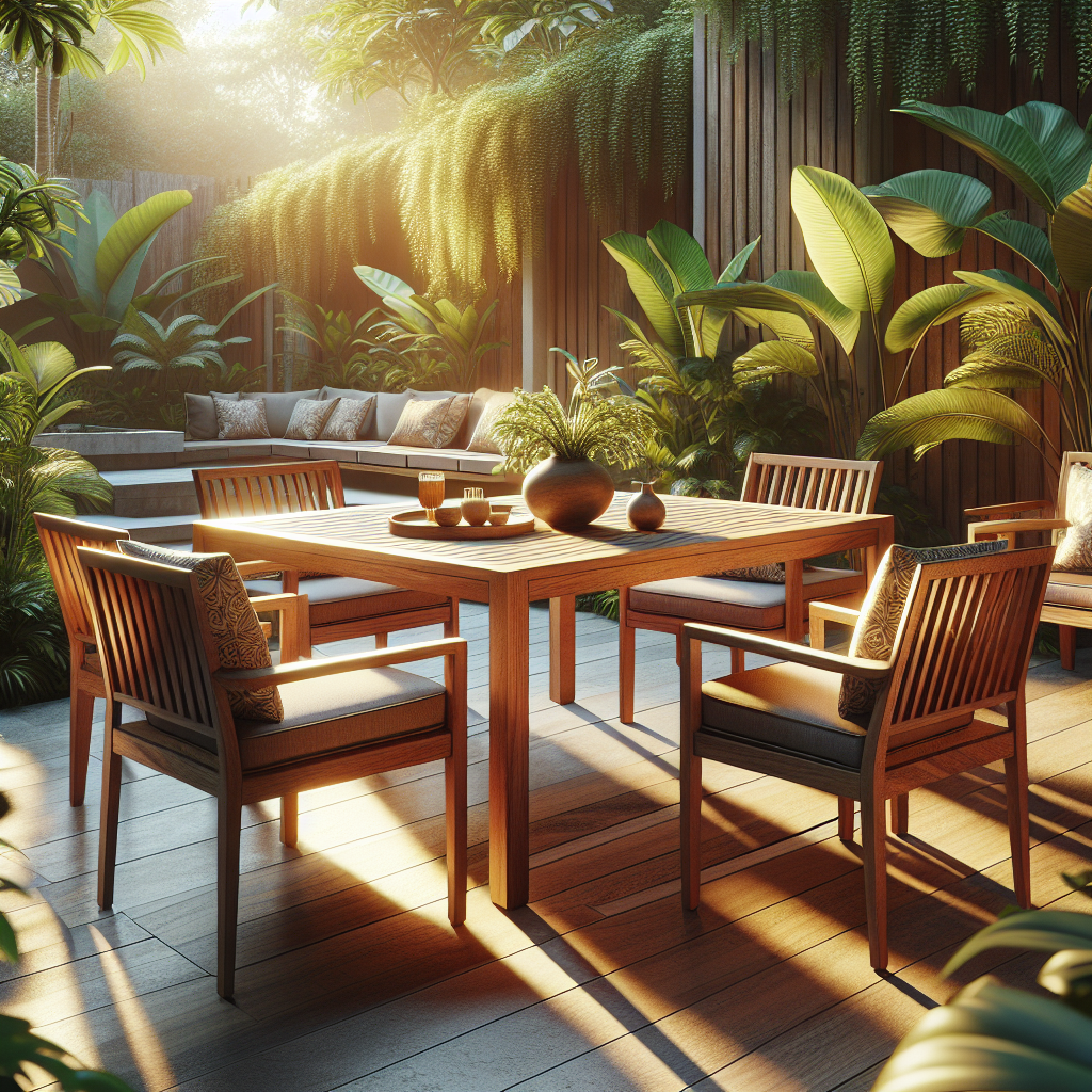Teak garden furniture set in a tropical outdoor space