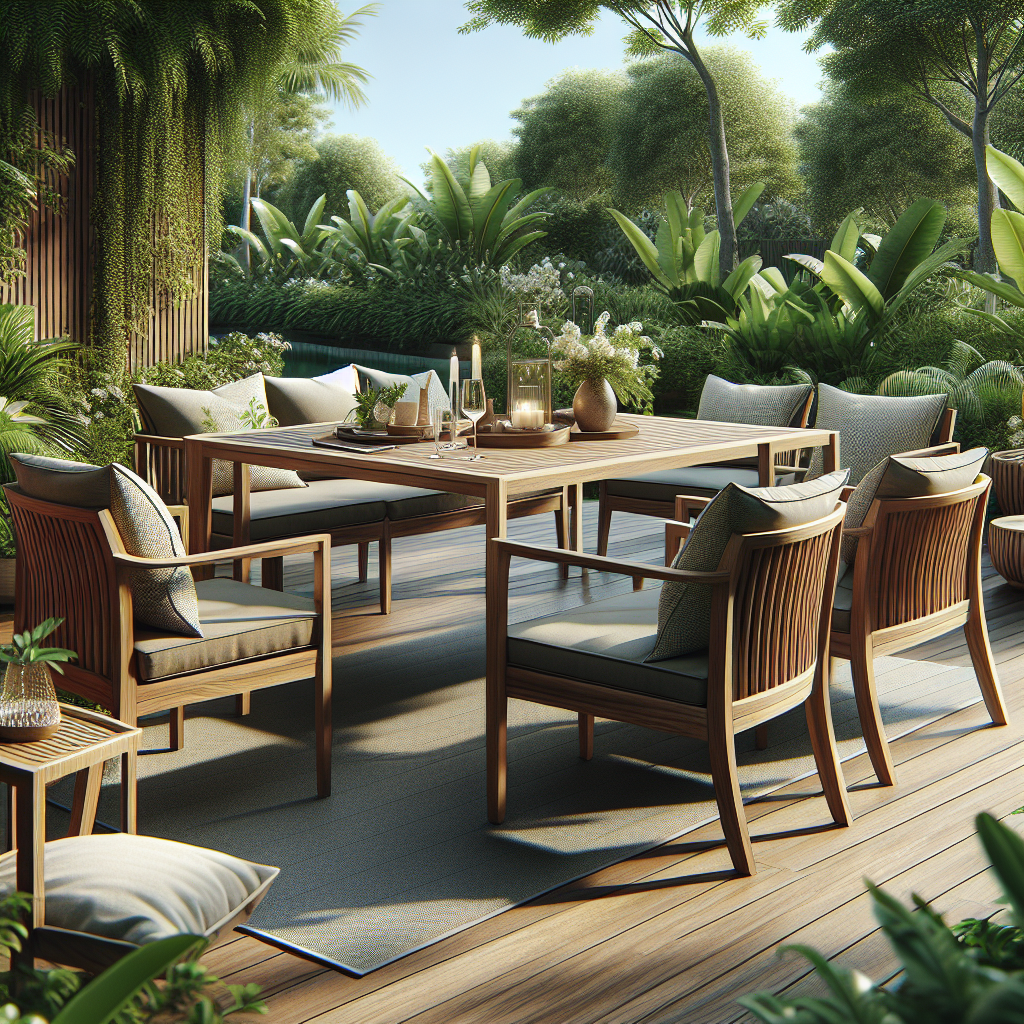 Stylish outdoor teak dining table with cushioned chairs in garden setting