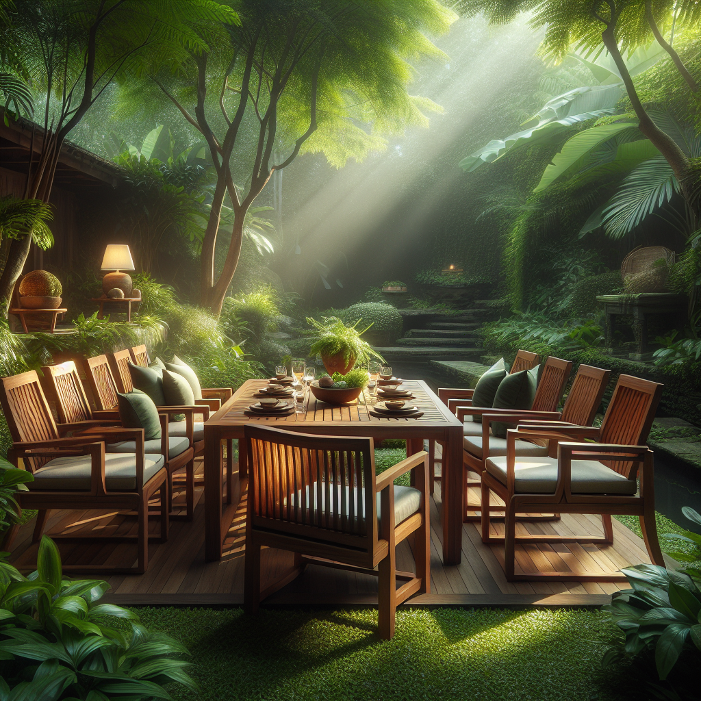 Teak wood garden furniture set in a lush outdoor garden