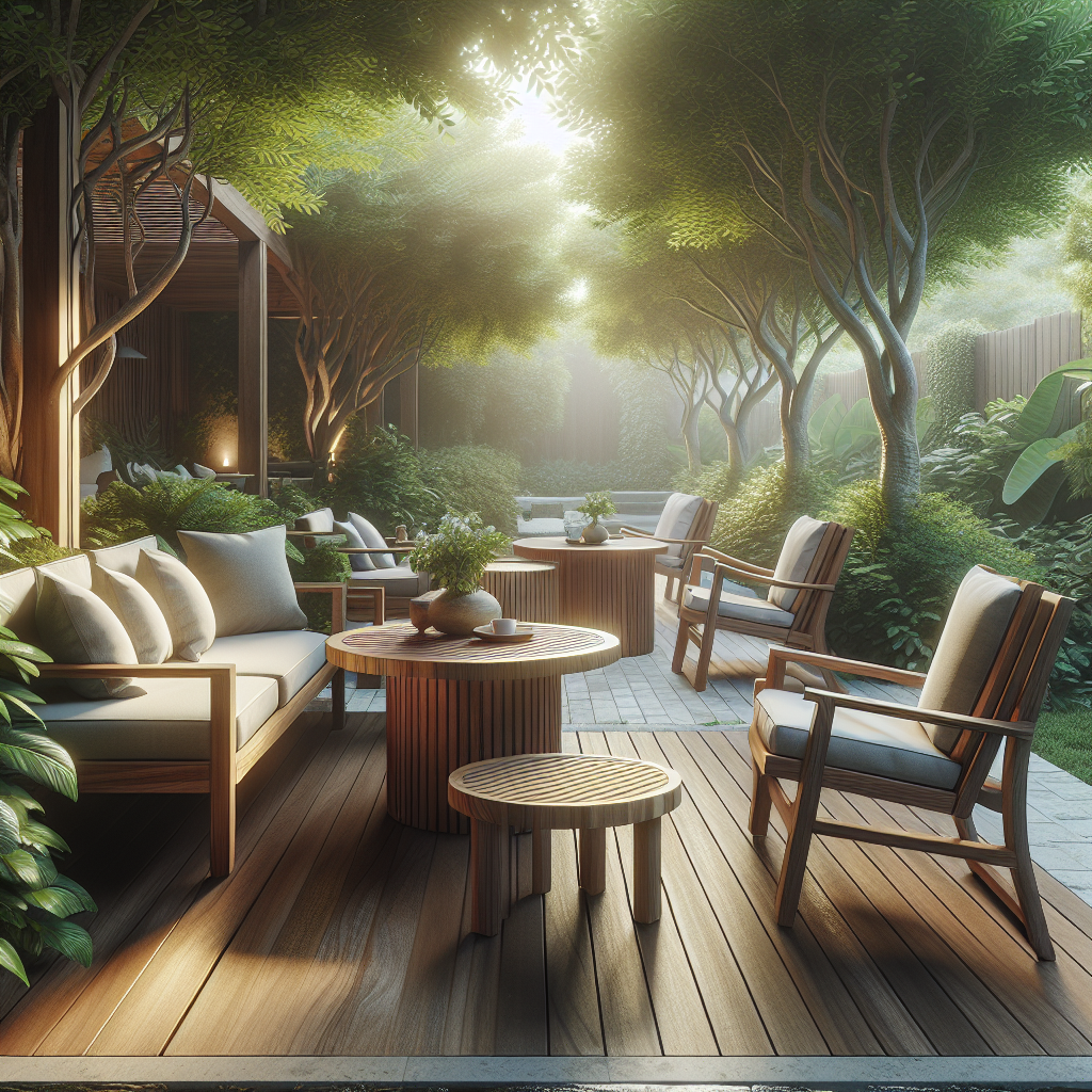 Outdoor teak patio furniture with chairs in green garden