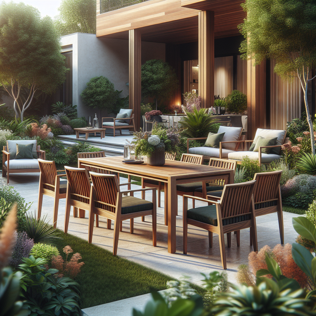 Teak wood patio furniture set in garden