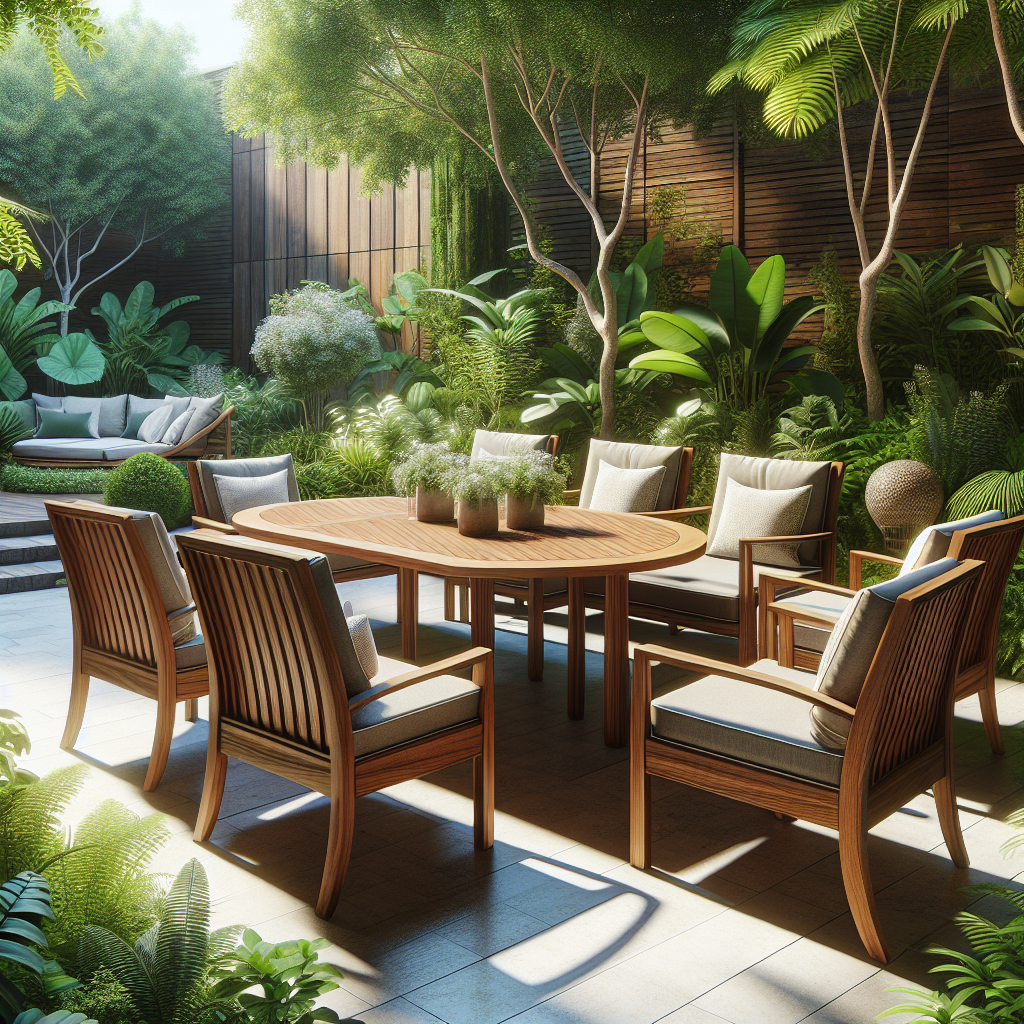 Outdoor teak furniture set in a green garden with sunlight