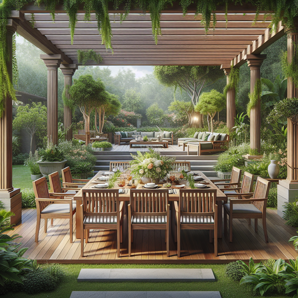 Teak outdoor dining table with chairs in lush garden