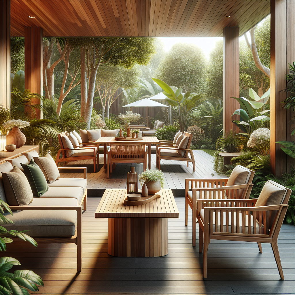 Teak outdoor furniture set on a patio with greenery