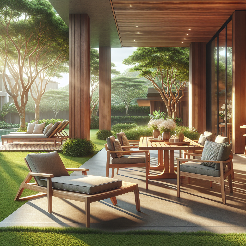 Teak wood patio furniture set with cushions in a garden