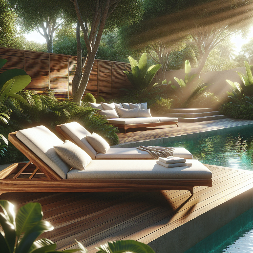 Solid teak wood double sun lounger with white cushions outdoors