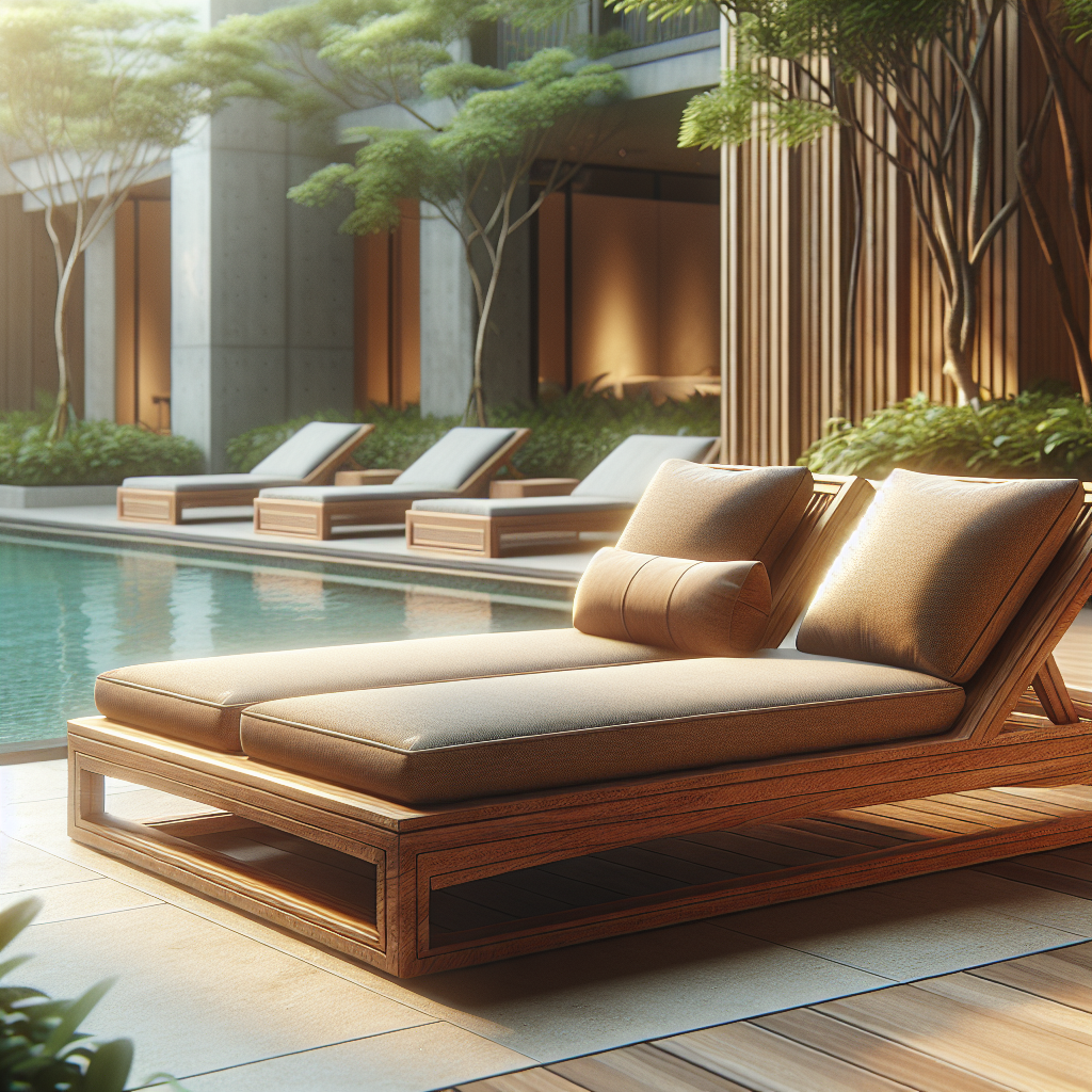 Double sun lounger made of solid teak wood with cushions beside a pool