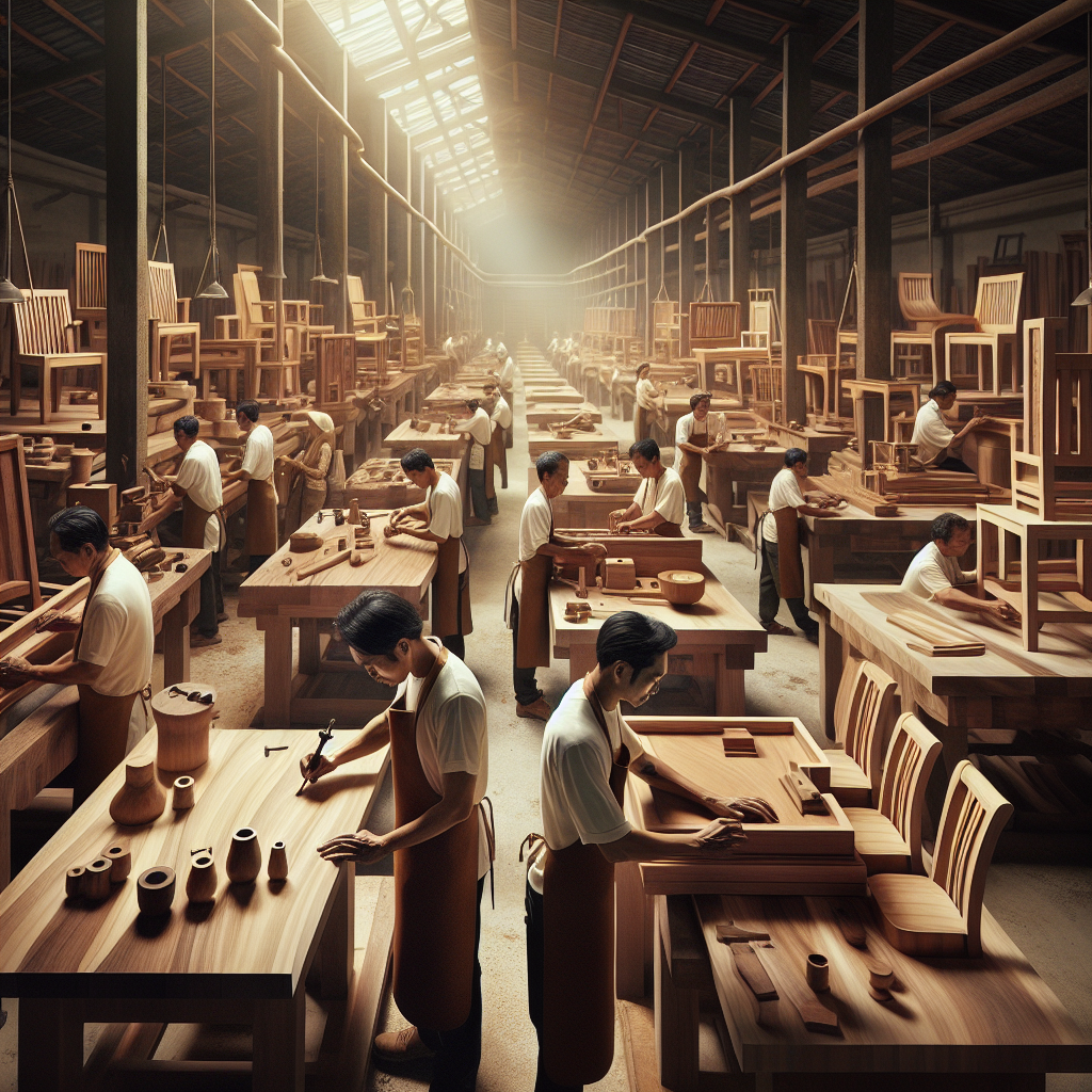 Teak woodworking artisans crafting furniture in Indonesia