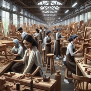 Skilled craftsmen making teak furniture in an Indonesian factory workshop