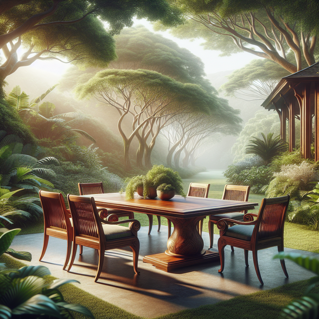 Outdoor teak dining table and chairs made from Indonesian teak wood in a tropical garden