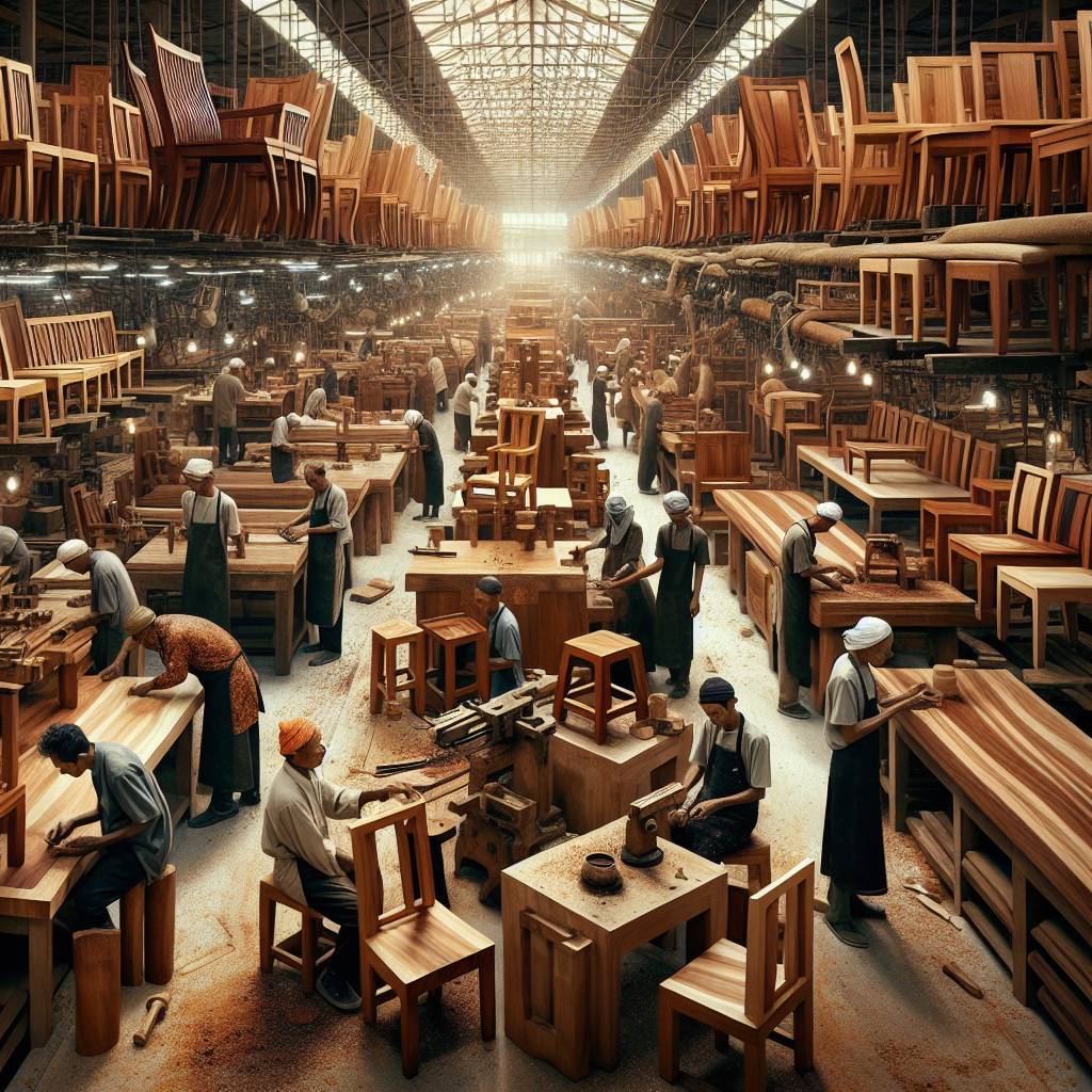 Skilled artisans crafting teak furniture at an Indonesian factory