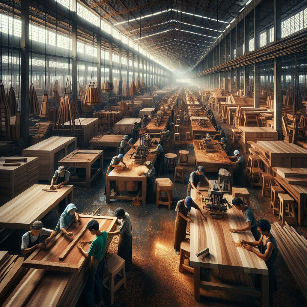 Artisans working on teak furniture in an Indonesian factory workshop