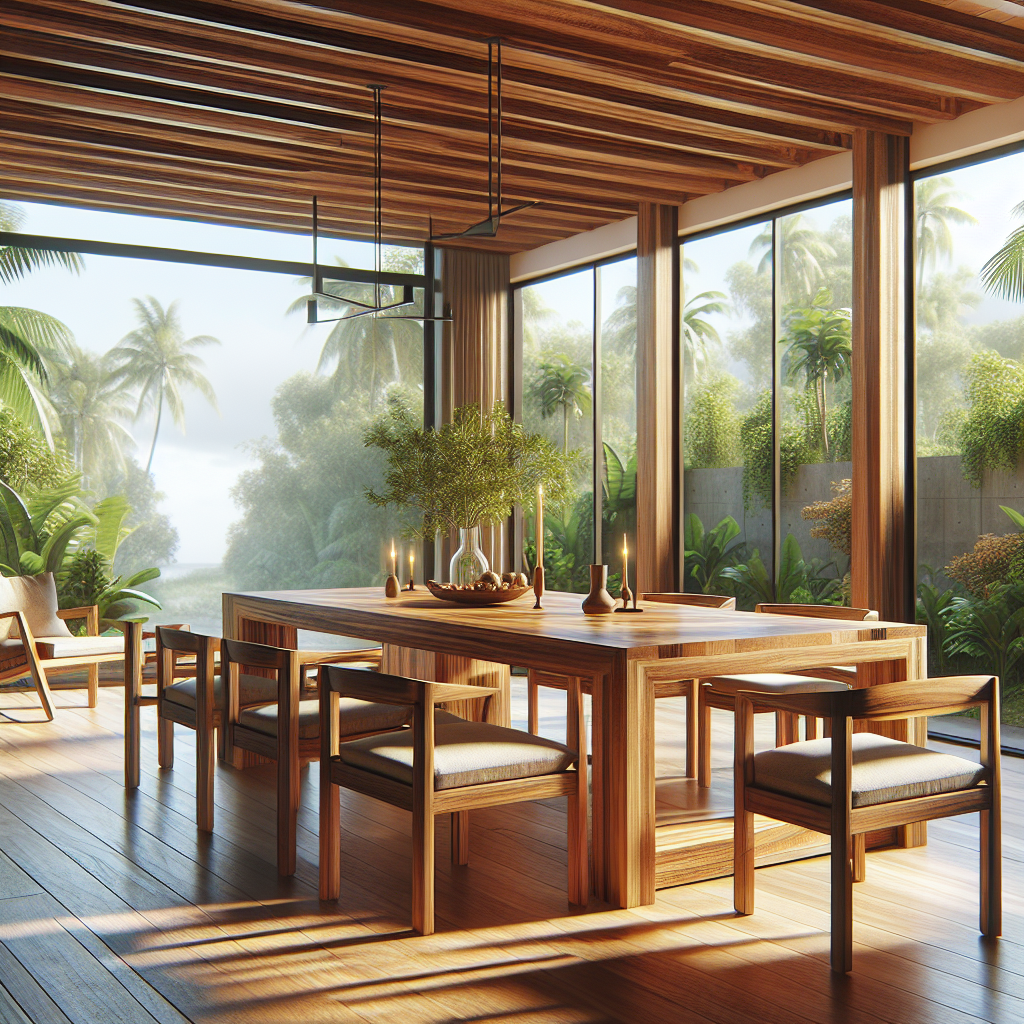 Indonesian teak dining table and chairs made from golden teak wood with natural grain