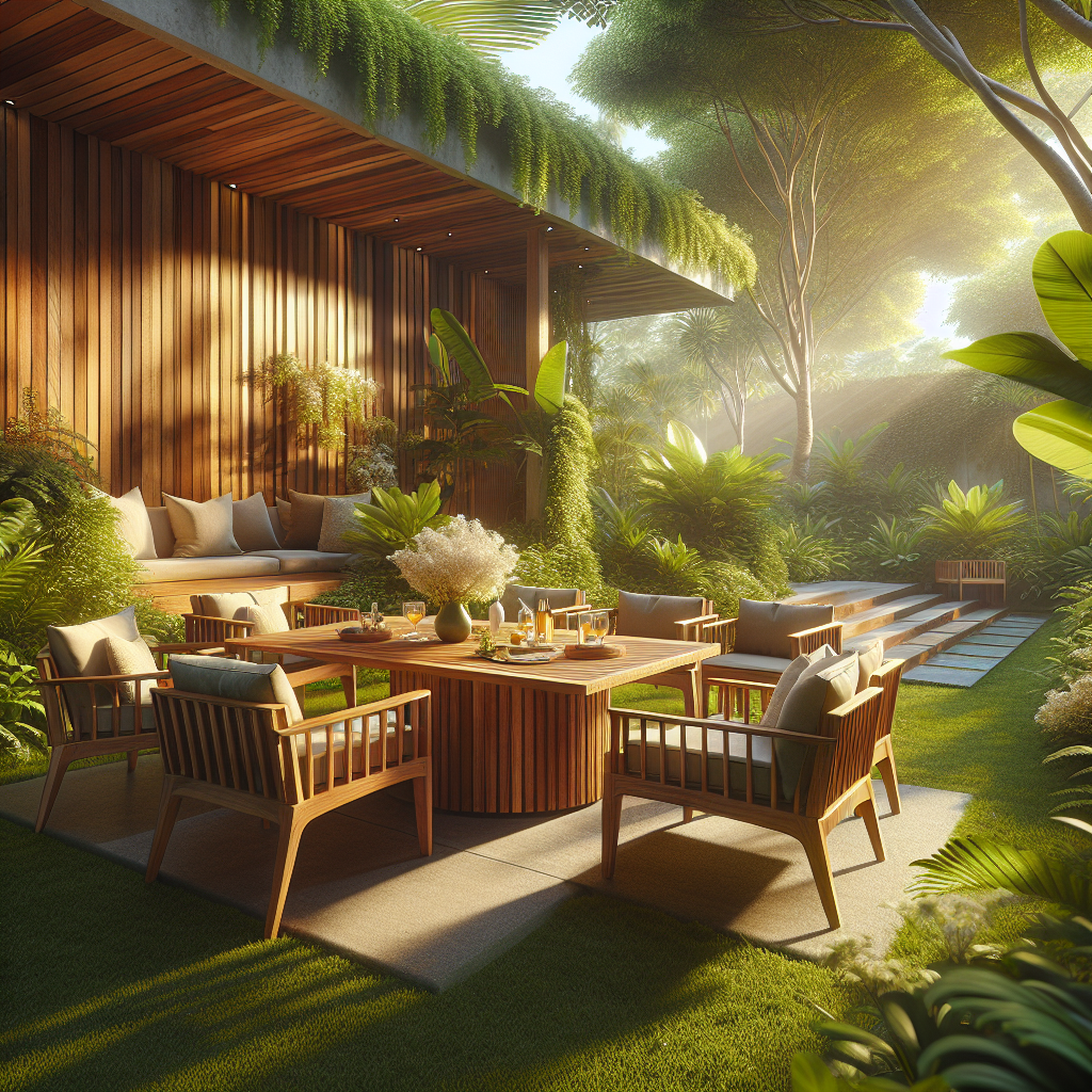 Teak wood garden furniture set with table and chairs in Indonesian outdoor garden