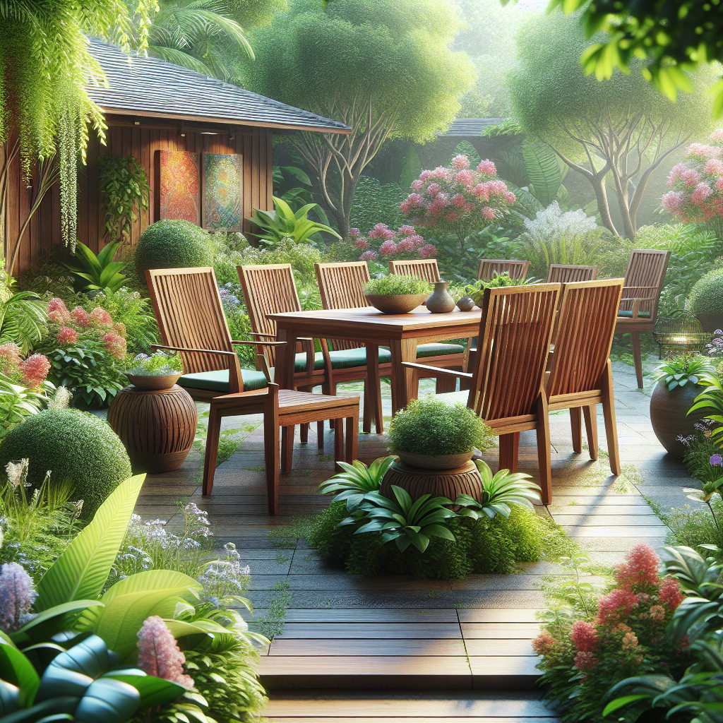 Indonesian teak wood garden furniture in lush green garden