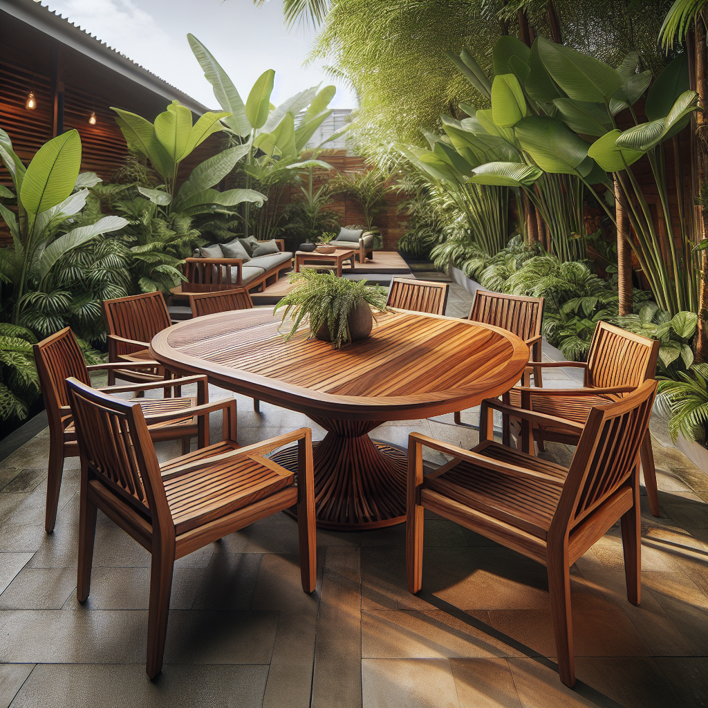 Indonesian teak garden furniture in lush garden
