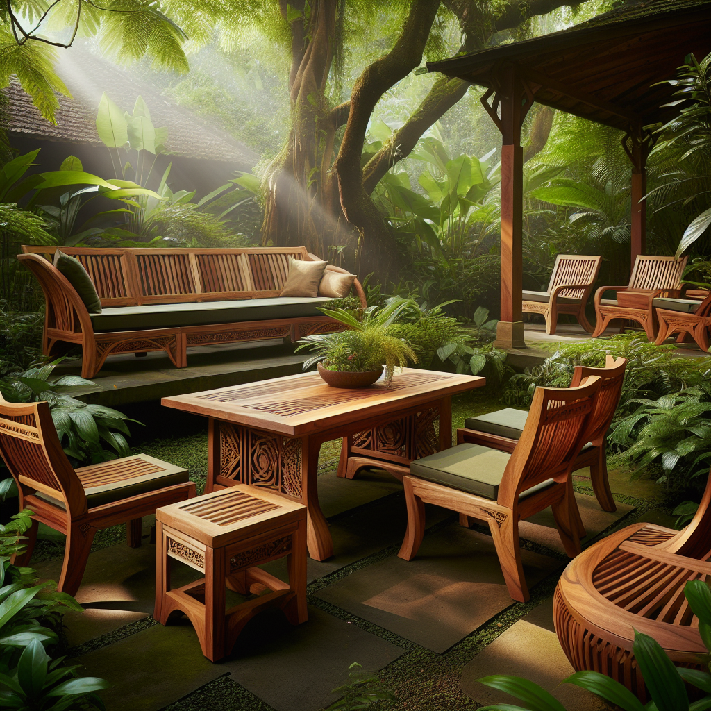 Indonesian teak garden furniture set including table and chairs in lush garden