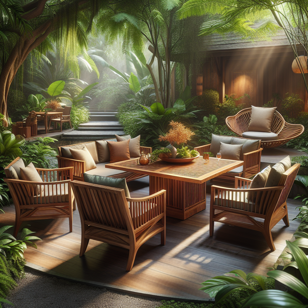 Teak garden furniture set outdoors in tropical Indonesian garden