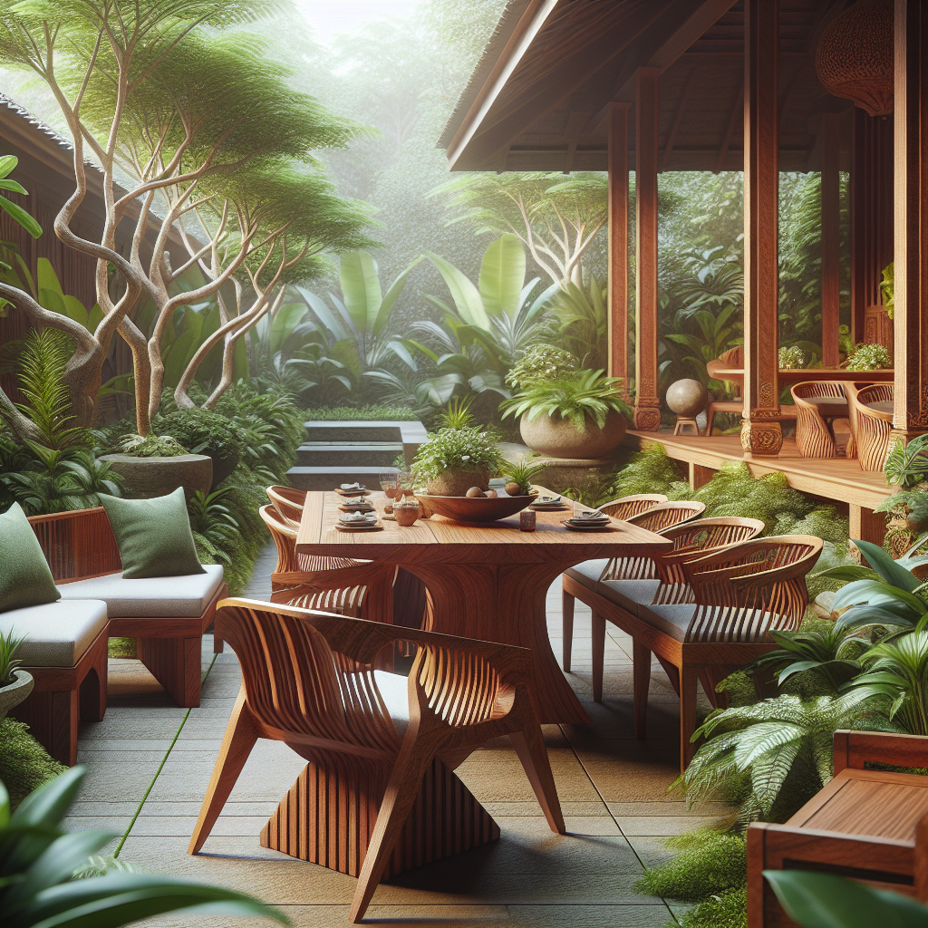 Indonesian teak garden furniture in outdoor tropical setting