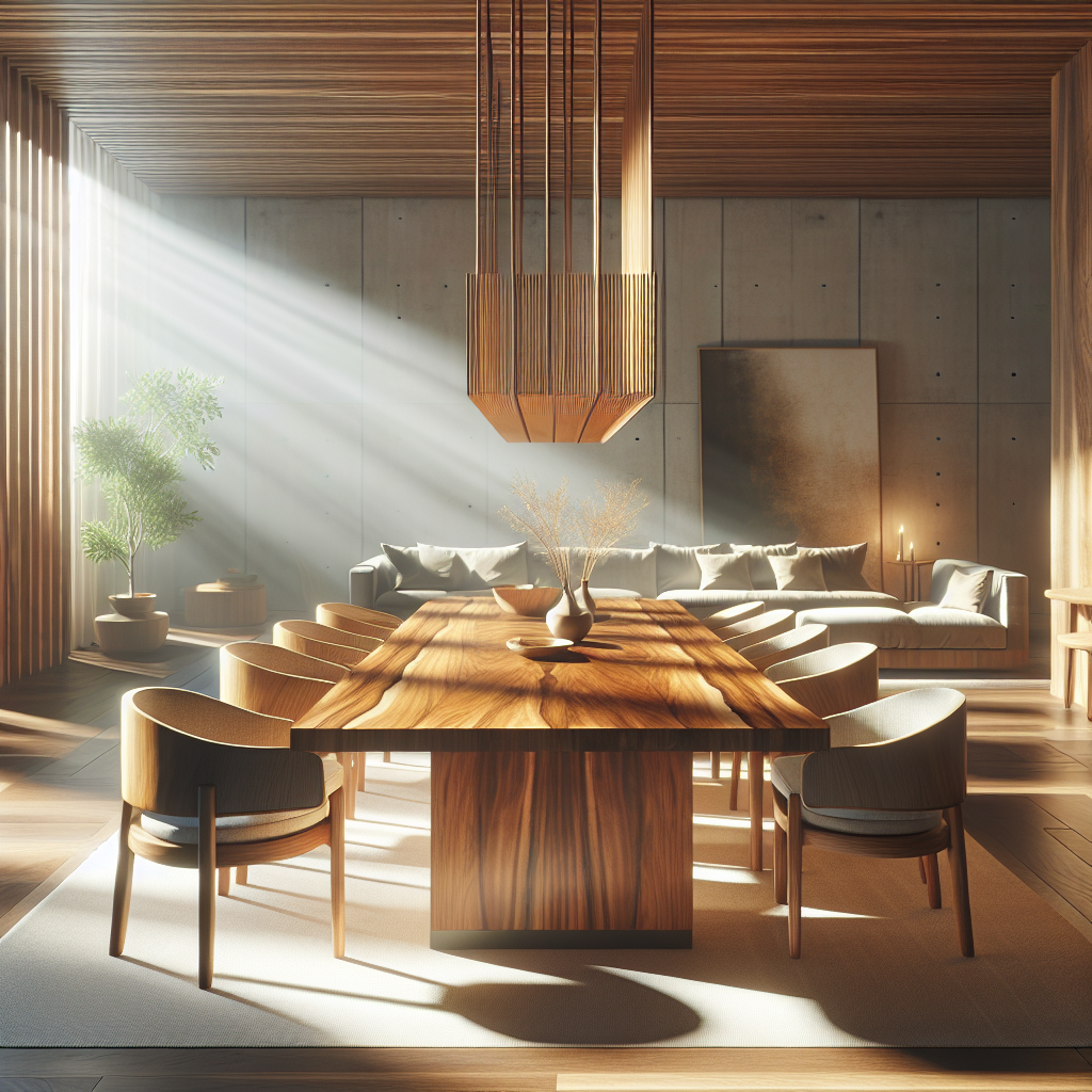 Wooden teak dining table set with cushioned chairs in a modern indoor setting