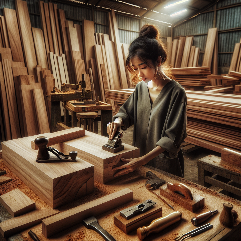 Indonesian artisan working on teak wood furniture in workshop