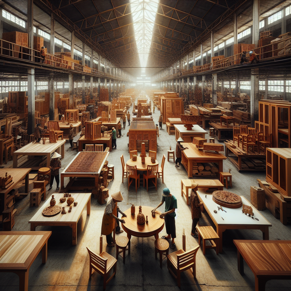 Indonesian teak furniture artisans crafting wooden furniture in factory