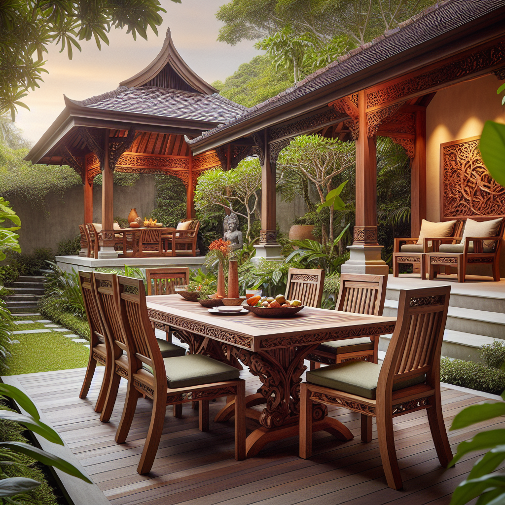 Indonesian teak wood garden furniture set in lush garden