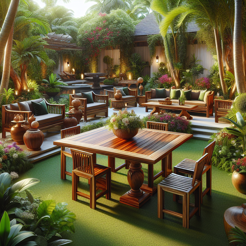 Elegant teak wood garden furniture set placed in a lush outdoor garden