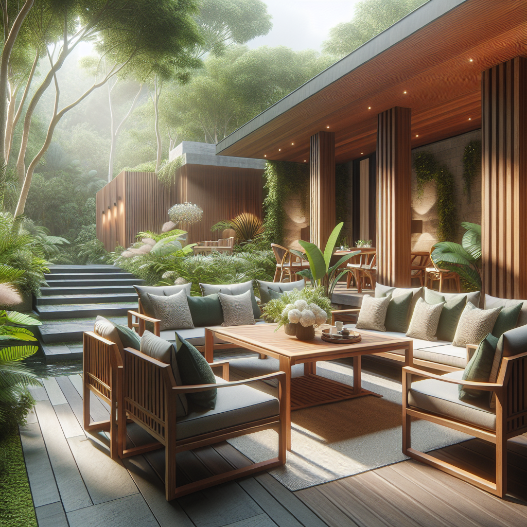 Luxury teak wood outdoor dining set with cushions in garden patio