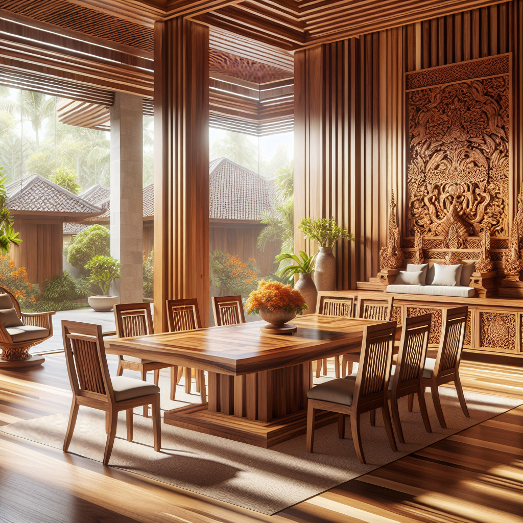 Elegant Indonesian teak wood dining table and chairs in bright room