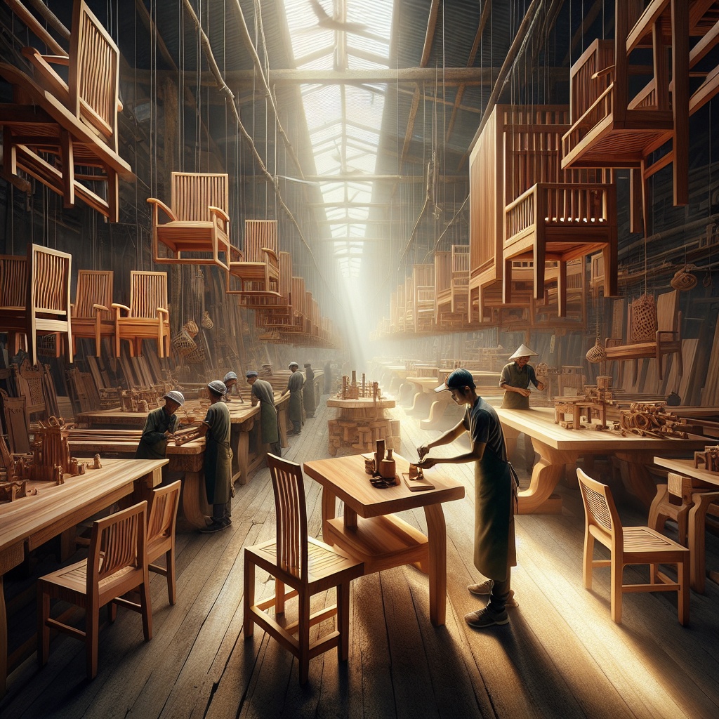 Skilled artisans crafting teak furniture in Indonesia workshop