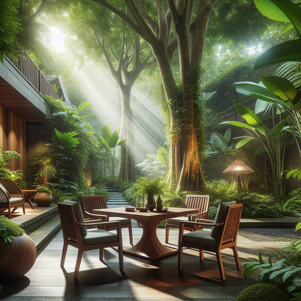 Indonesian teak garden furniture in a lush outdoor garden