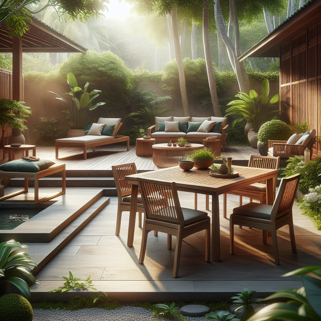 Indonesia teak outdoor furniture set with chairs and table in garden