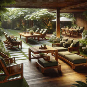 Indonesian teak outdoor furniture in a tropical garden setting