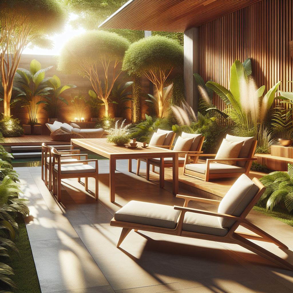 Elegant Indonesian teak outdoor furniture set in natural garden setting