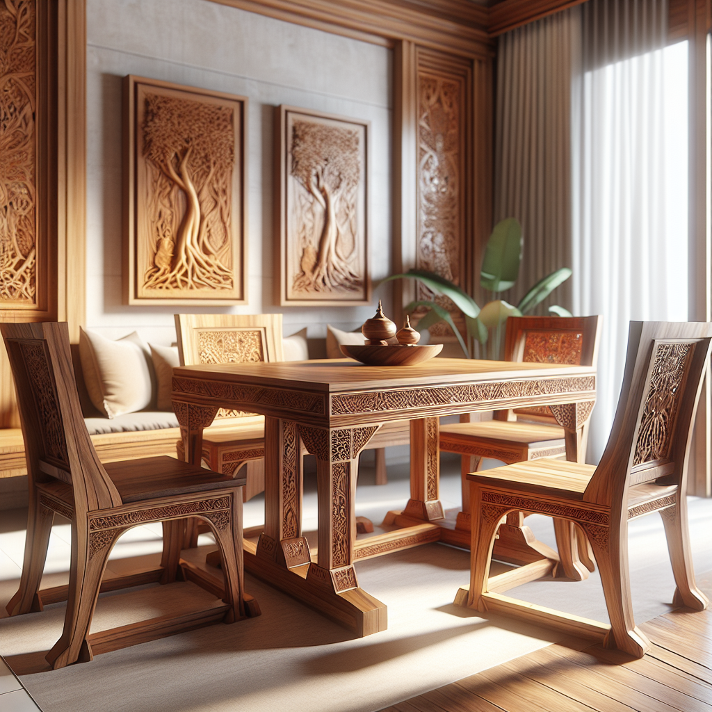 Handcrafted teak wood dining table and chairs from Indonesia