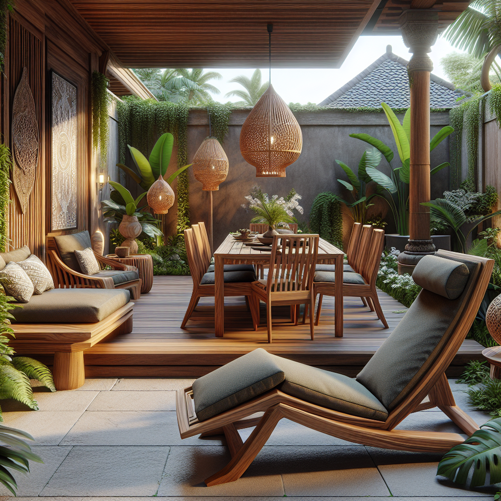 Indonesian teak garden furniture arranged in a sunny garden