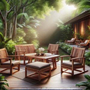 Indonesian teak wood garden furniture in a tropical garden