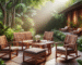 Indonesian teak wood garden furniture in a tropical garden