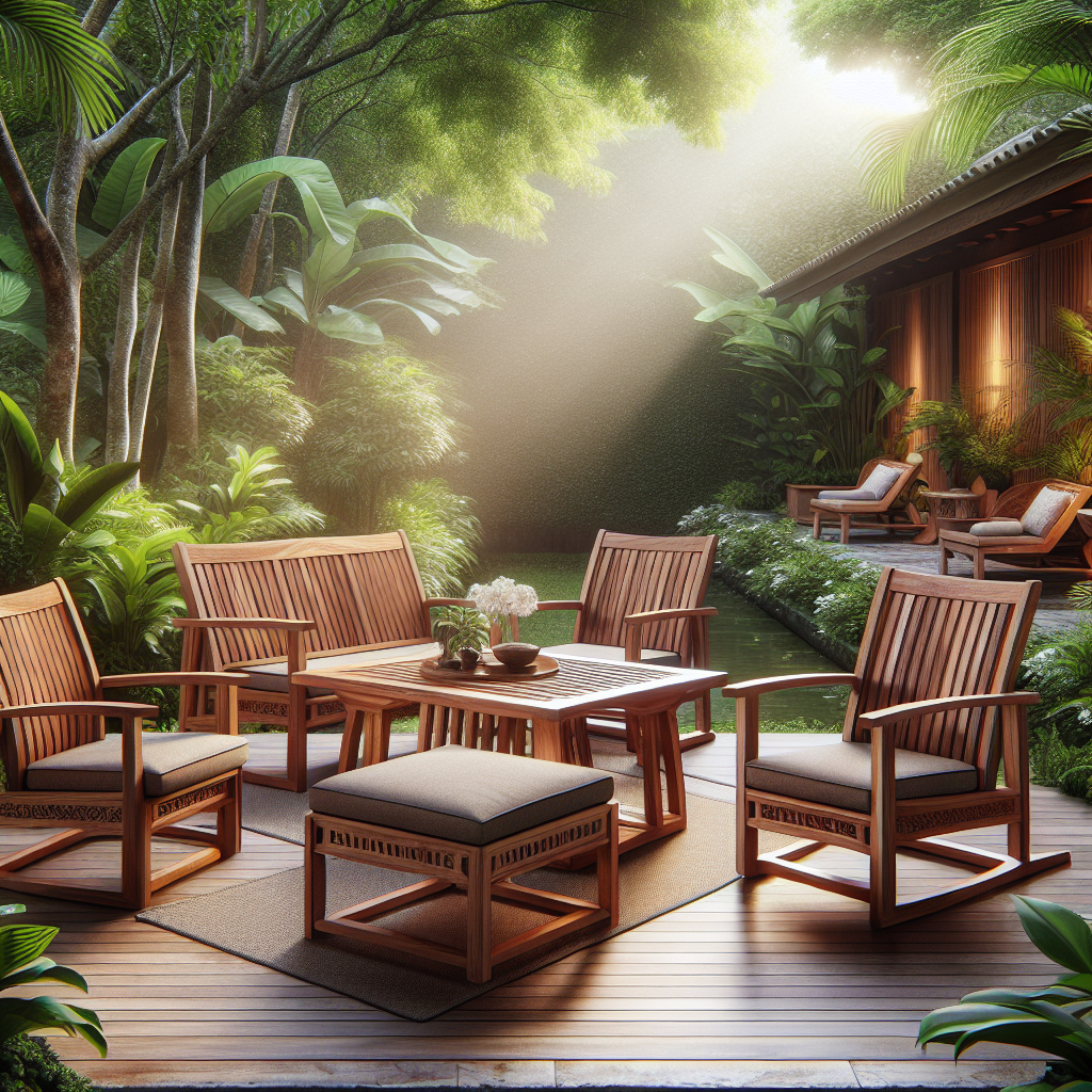 Indonesian teak wood garden furniture in a tropical garden