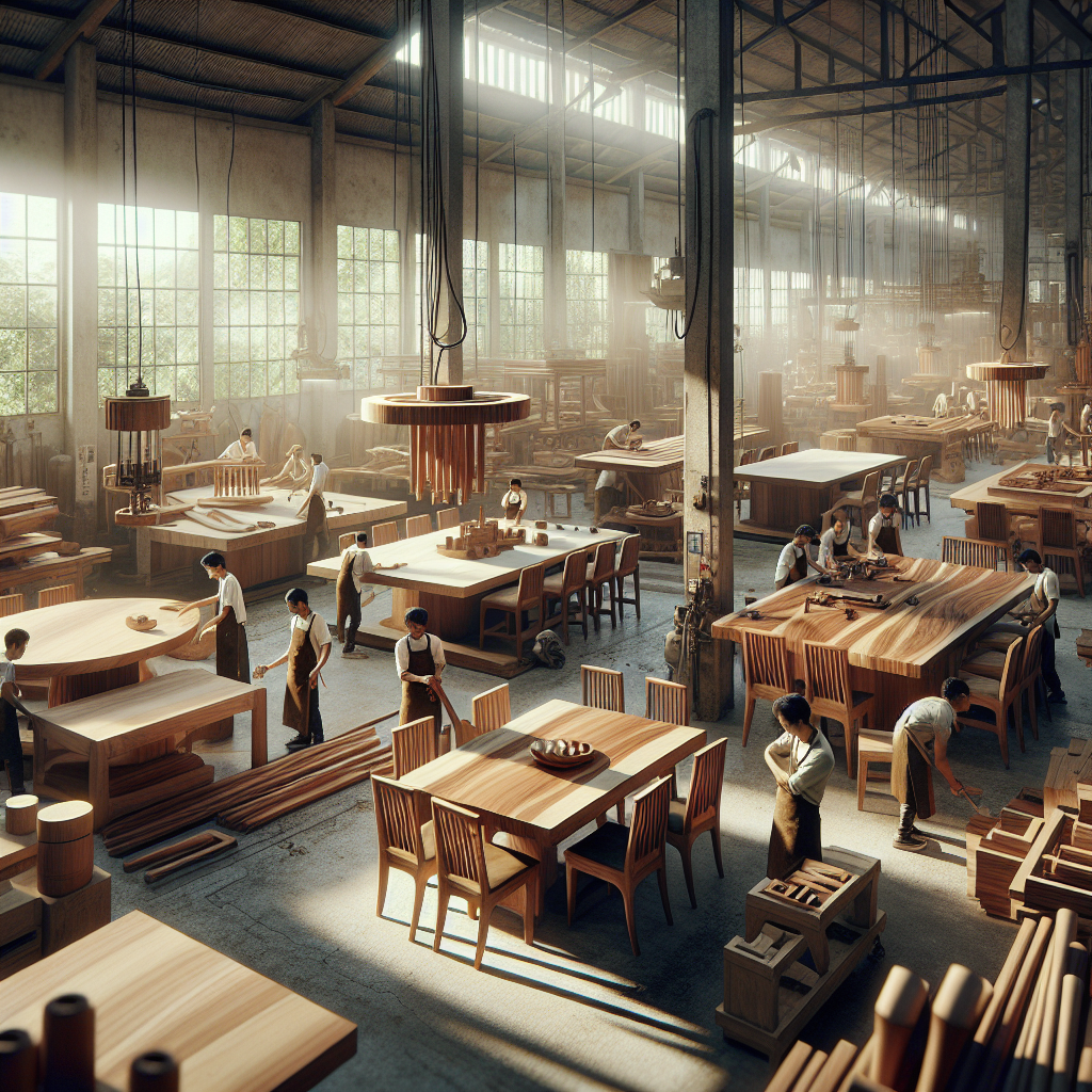 Skilled artisans crafting teak furniture in Indonesian factory