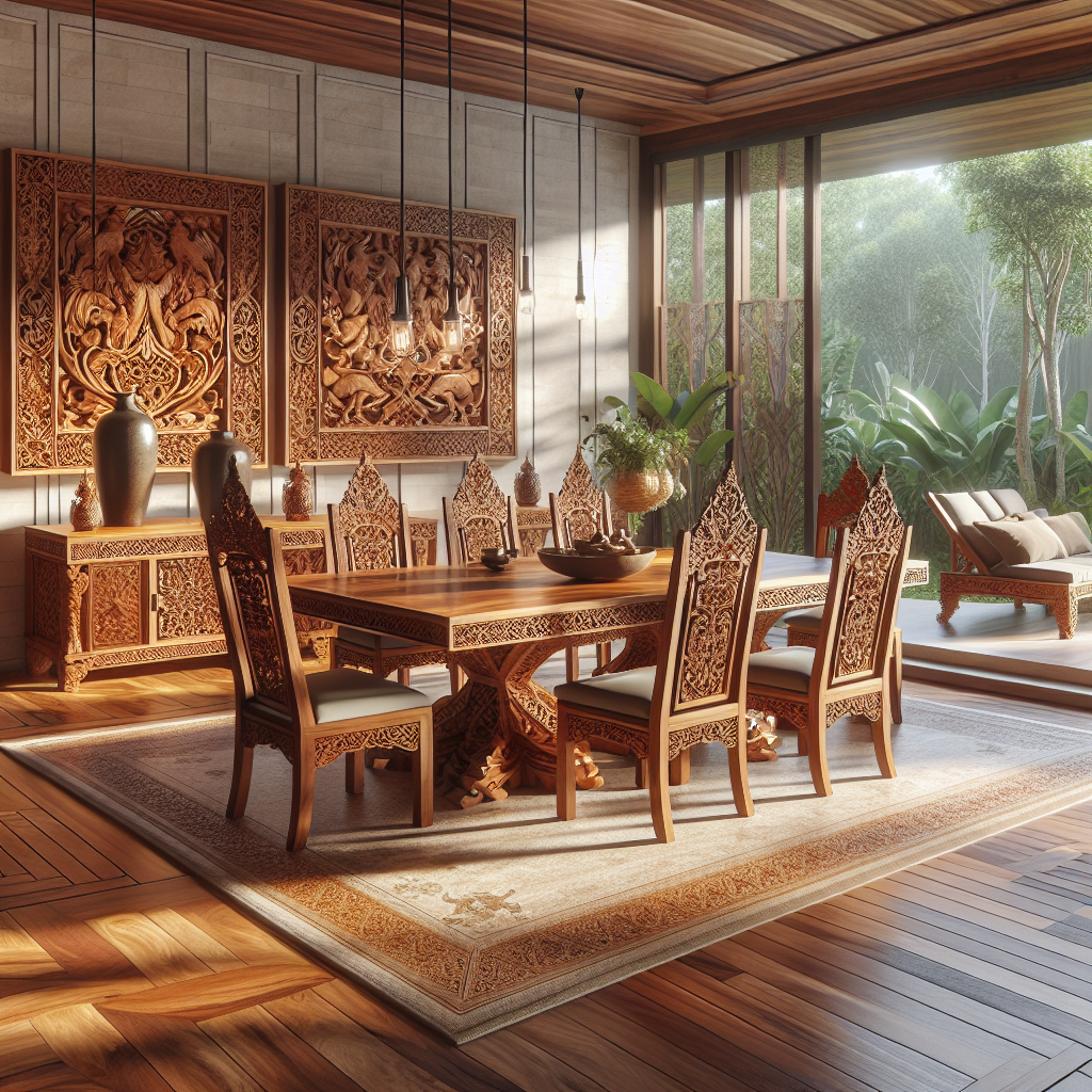 Indonesian teak wood dining table and chairs with intricate design