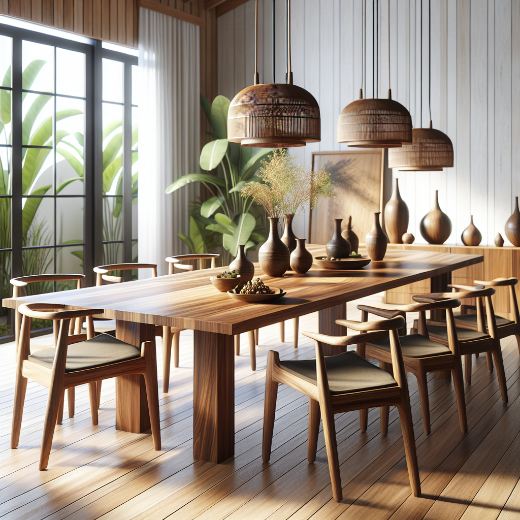 Indonesian teak wood dining table and chairs set in modern room