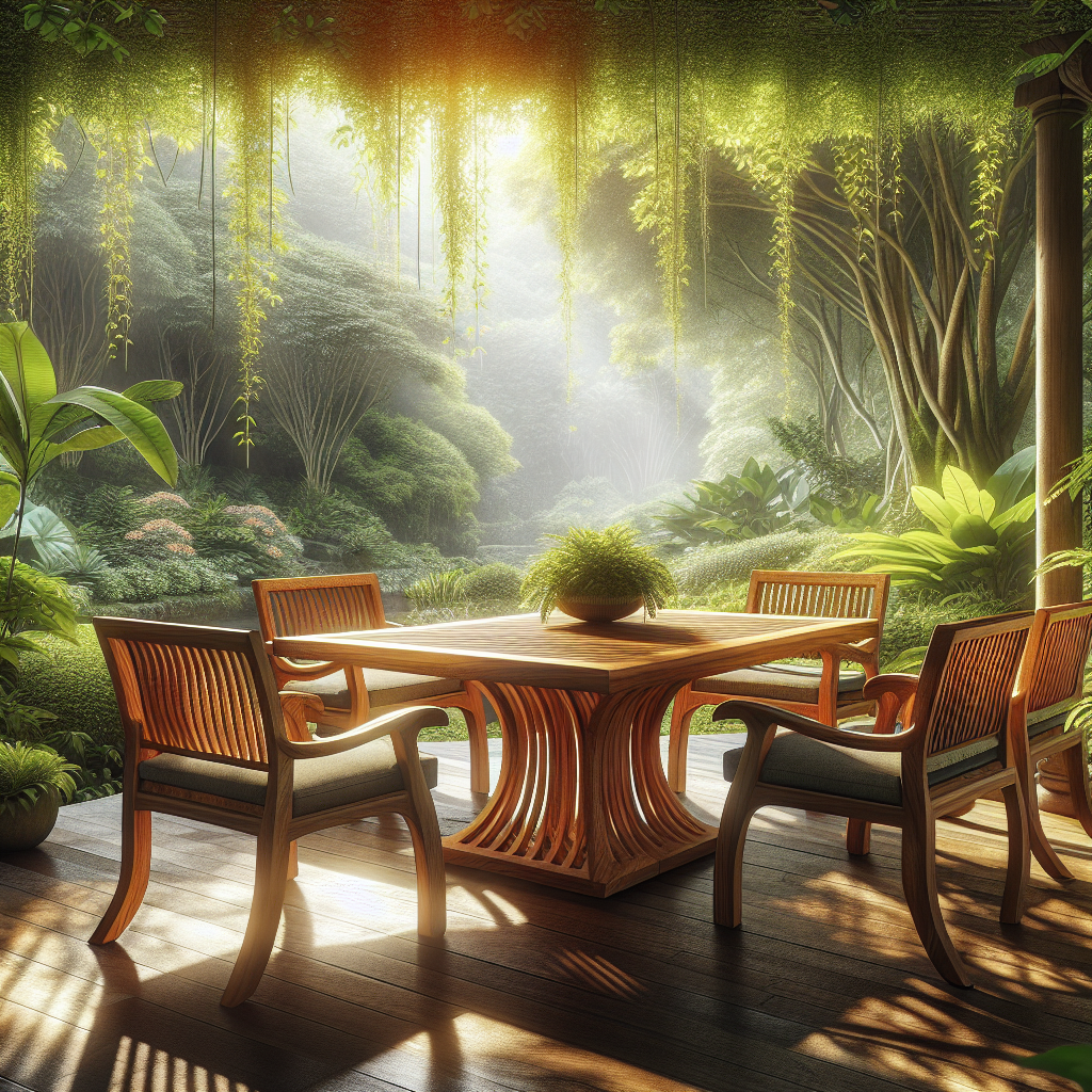 Teak wood garden furniture set with table and chairs in outdoor garden