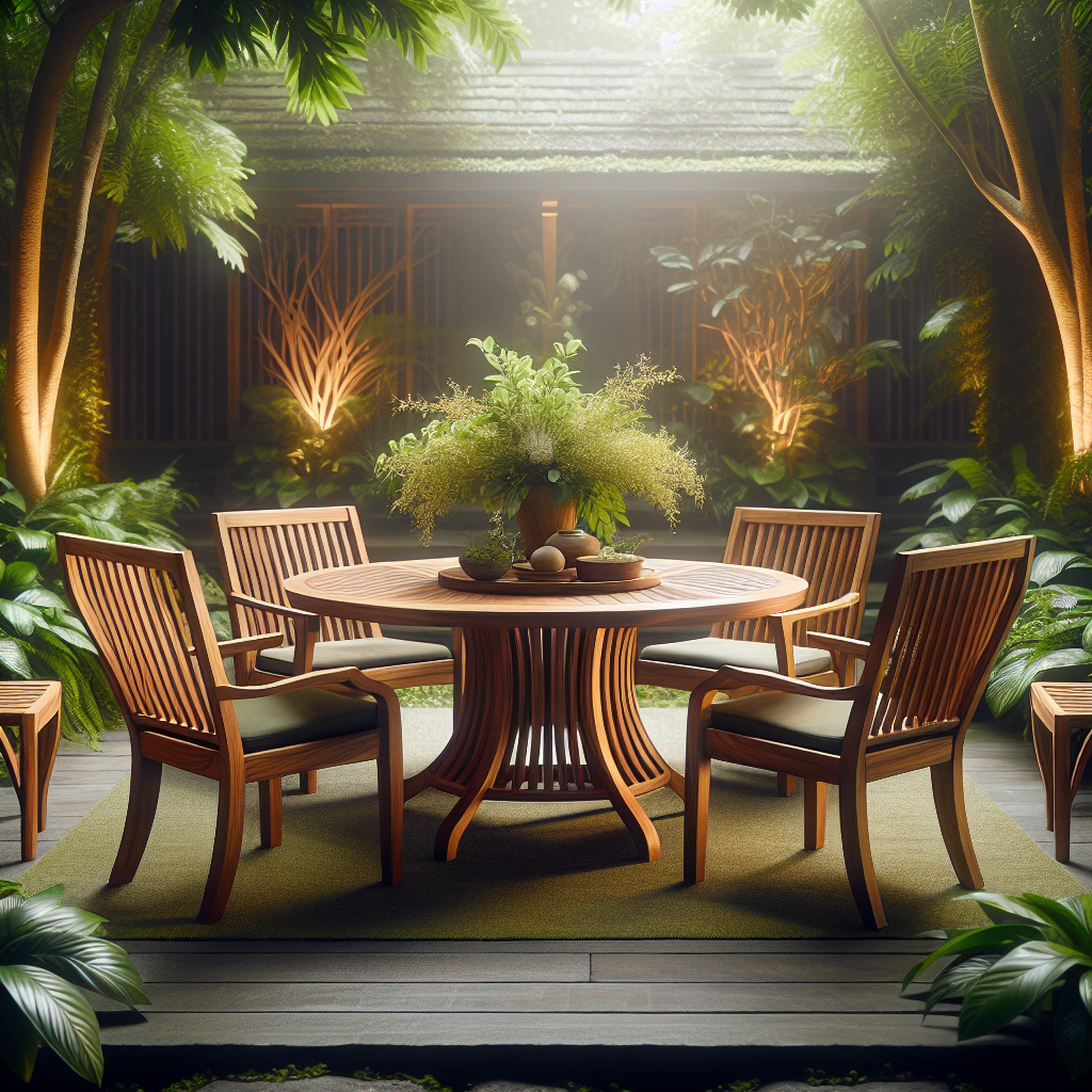 Indonesian teak garden furniture arranged in a lush garden