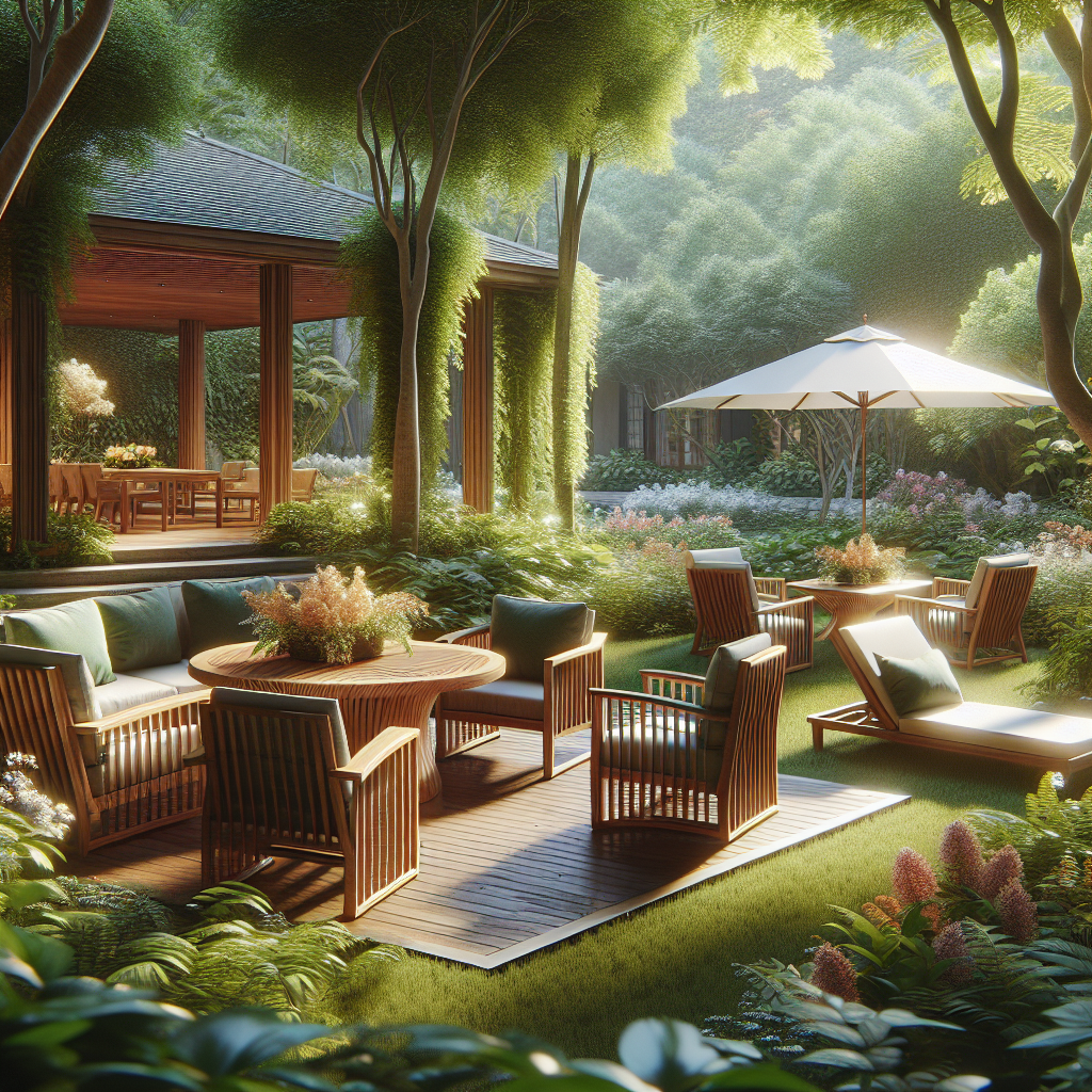 Indonesian teak garden furniture set in a lush green garden